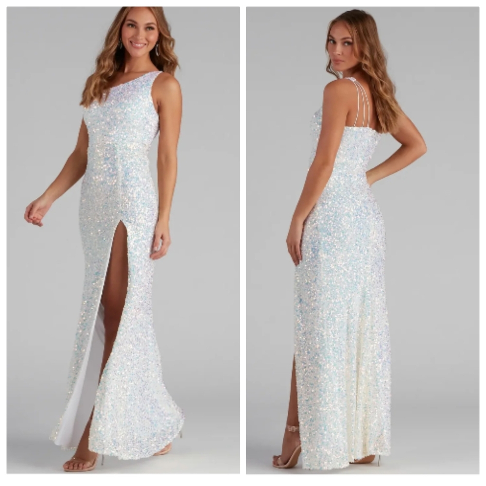 B Darlin Iridescent Sequin Sheath Gown in White with Blue Sparkle